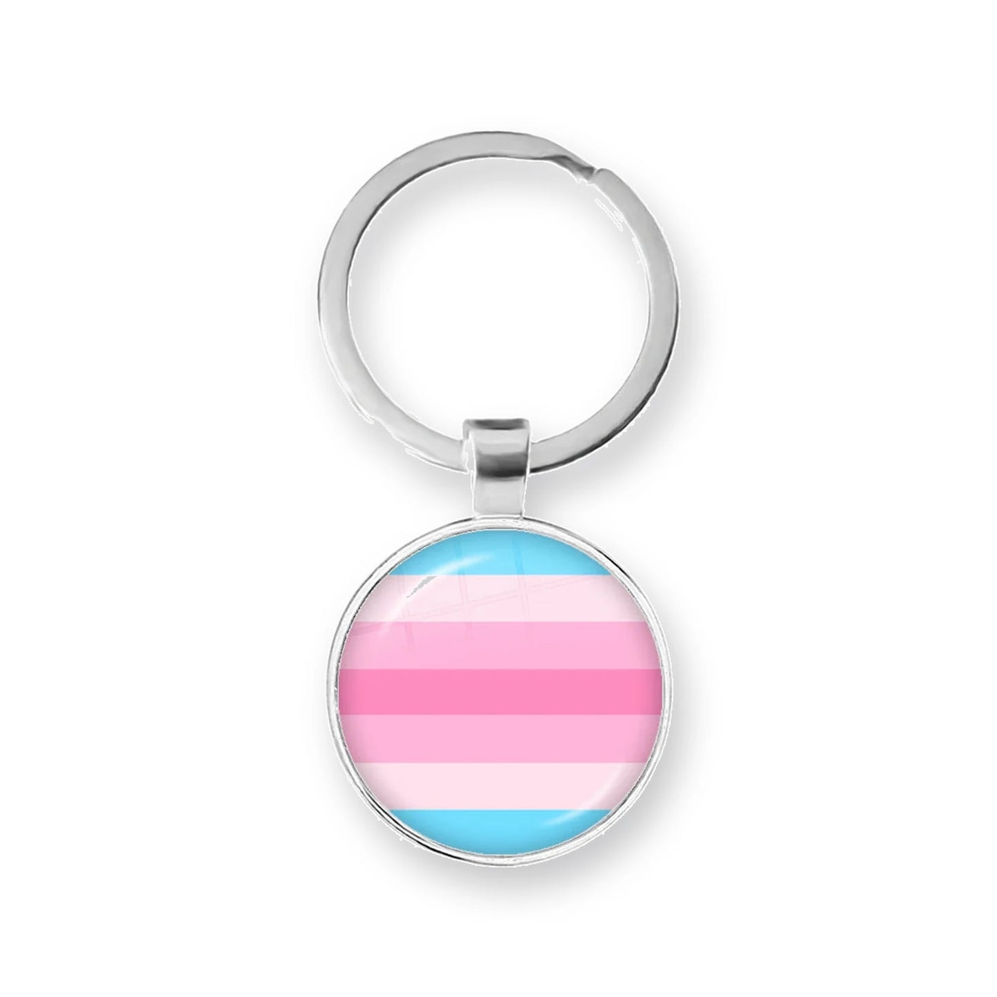 Porte-clés cabochon au drapeau transféminin : dégradé de roses encadré de bleu ciel