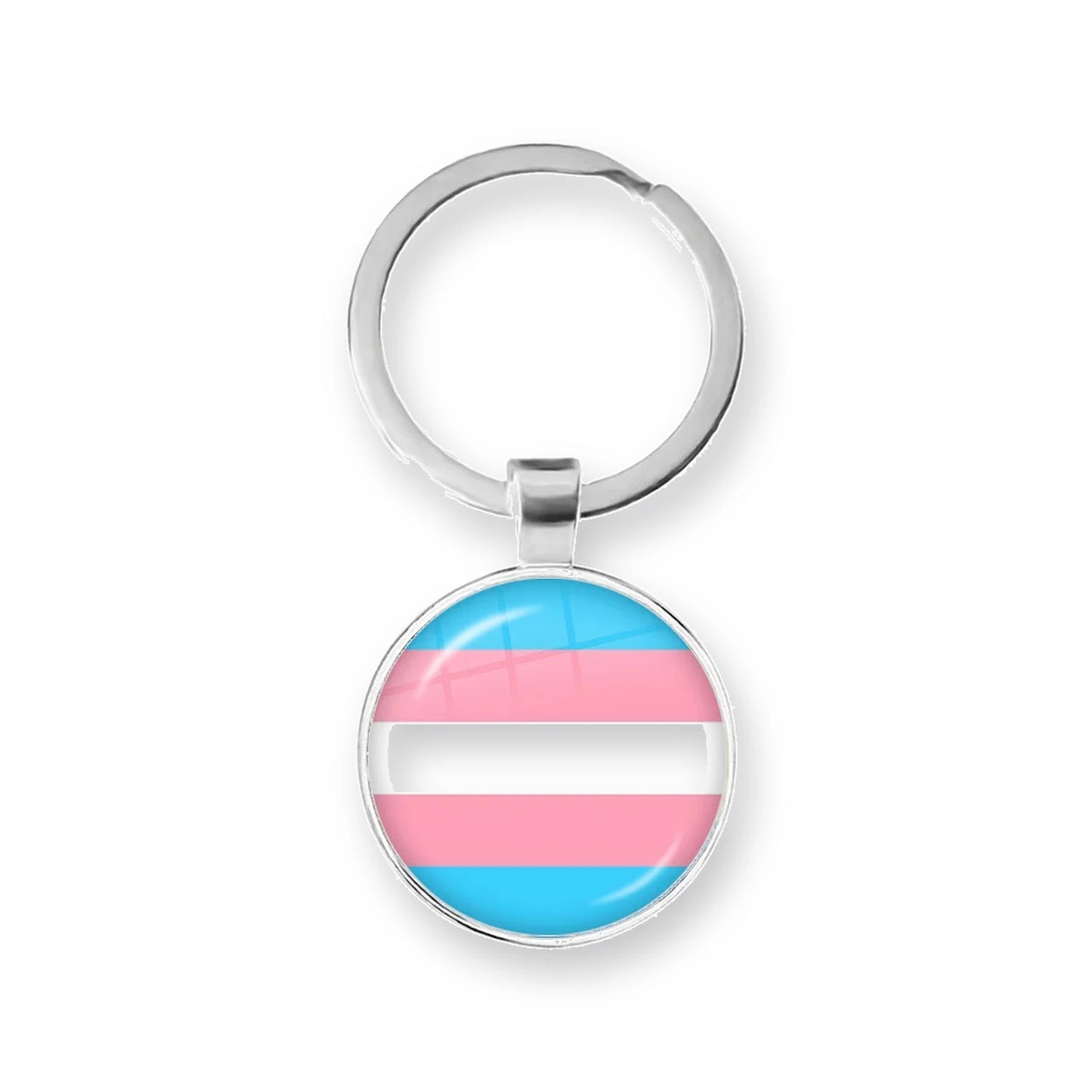 Porte-clés cabochon au drapeau transgenre : bleu, rose, blanc sous dôme de verre