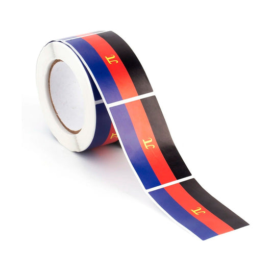 Rouleau de 250 stickers drapeau polyamour au pi dore, rectangles de 3 x 5 cm