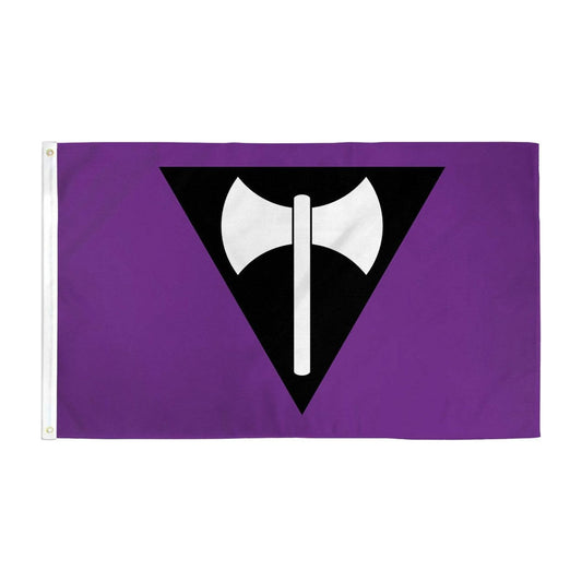 Drapeau lesbien labrys : hache double sur triangle inversé, fond violet