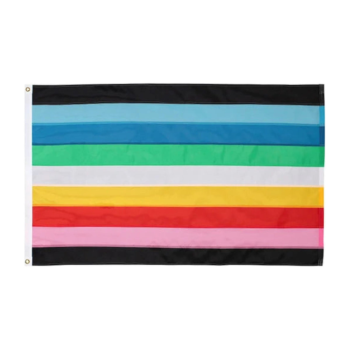 Drapeau queer à bandes bleues, blanches, vertes, jaunes, orange et roses