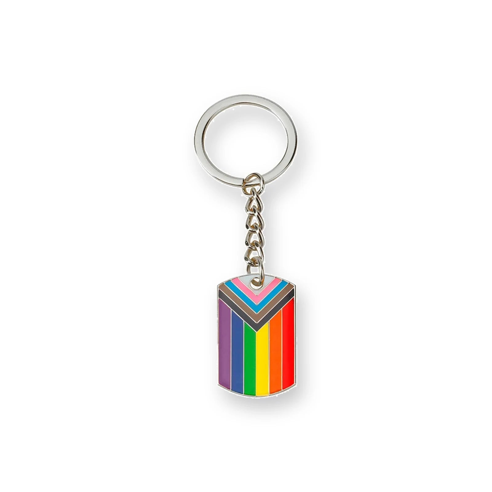 Porte-clés plaquette au drapeau Progress Pride : arc-en-ciel et chevron blanc, rose, bleu, brun et noir