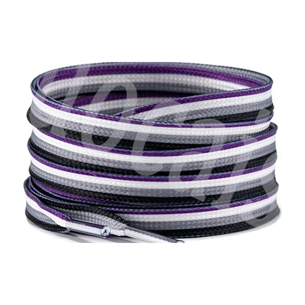 Lacets plats aux couleurs du drapeau asexuel : noir, gris, blanc et violet