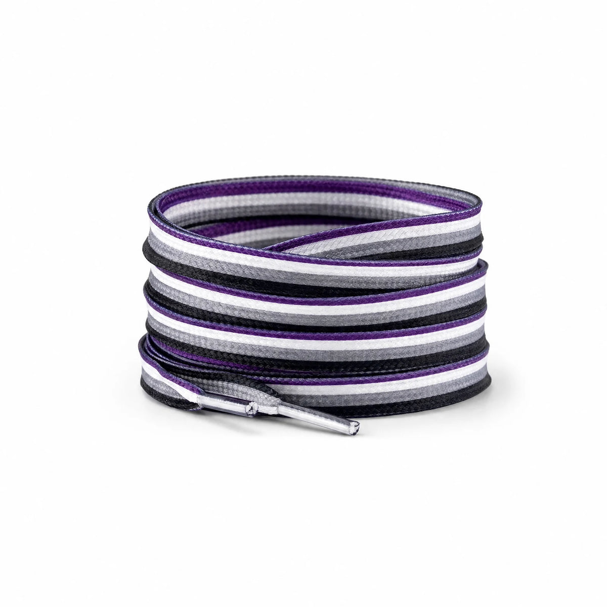 Lacets plats aux couleurs du drapeau asexuel : noir, gris, blanc et violet