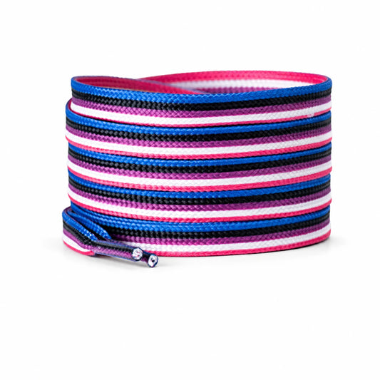 Lacets plats aux couleurs du drapeau genderfluid : rose, blanc, magenta, noir et bleu