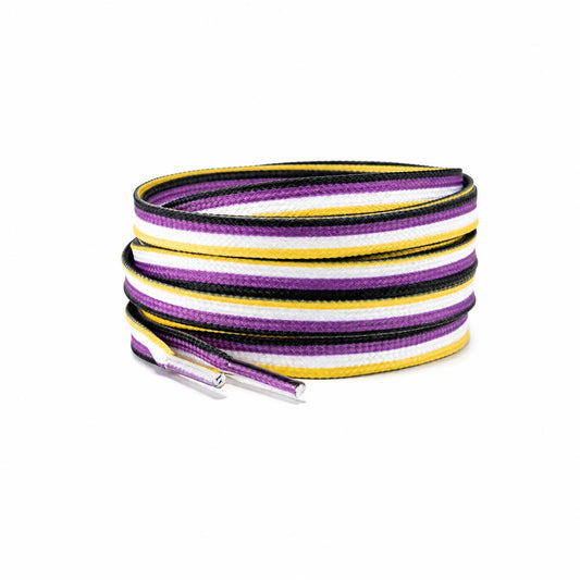 Lacets plats aux couleurs du drapeau non-binaire : jaune, blanc, violet et noir