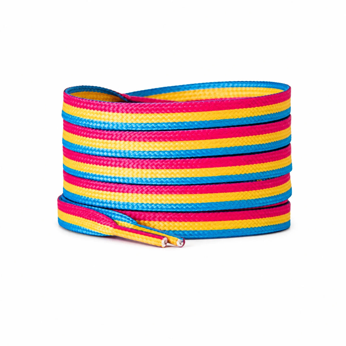 Lacets plats aux trois couleurs du drapeau pansexuel : rose, jaune et bleu