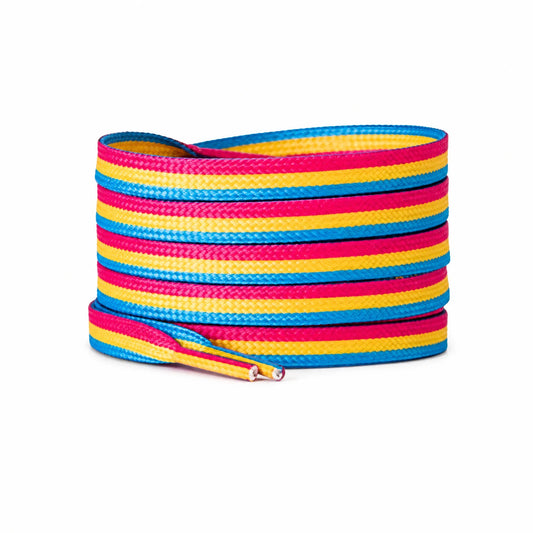 Lacets plats aux trois couleurs du drapeau pansexuel : rose, jaune et bleu