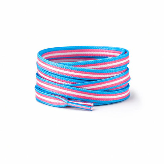 Lacets plats aux couleurs du drapeau transgenre : bleu ciel, rose et blanc