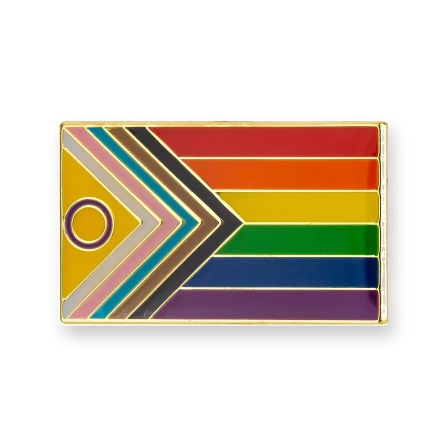 Pins drapeau Progress Pride inclusif intersexe : chevron trans, brun, noir et cercle violet sur jaune