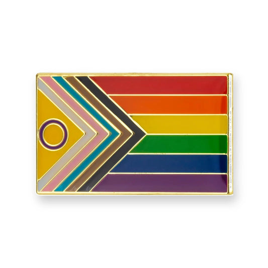 Pins drapeau Progress Pride inclusif intersexe : chevron trans, brun, noir et cercle violet sur jaune
