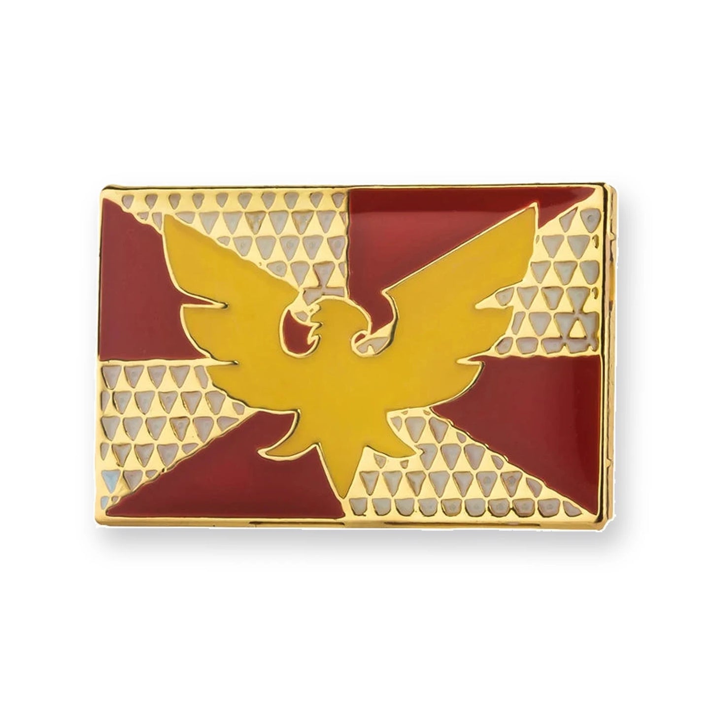 Pins drapeau Feather Drag Pride : phénix doré sur fond rouge et blanc