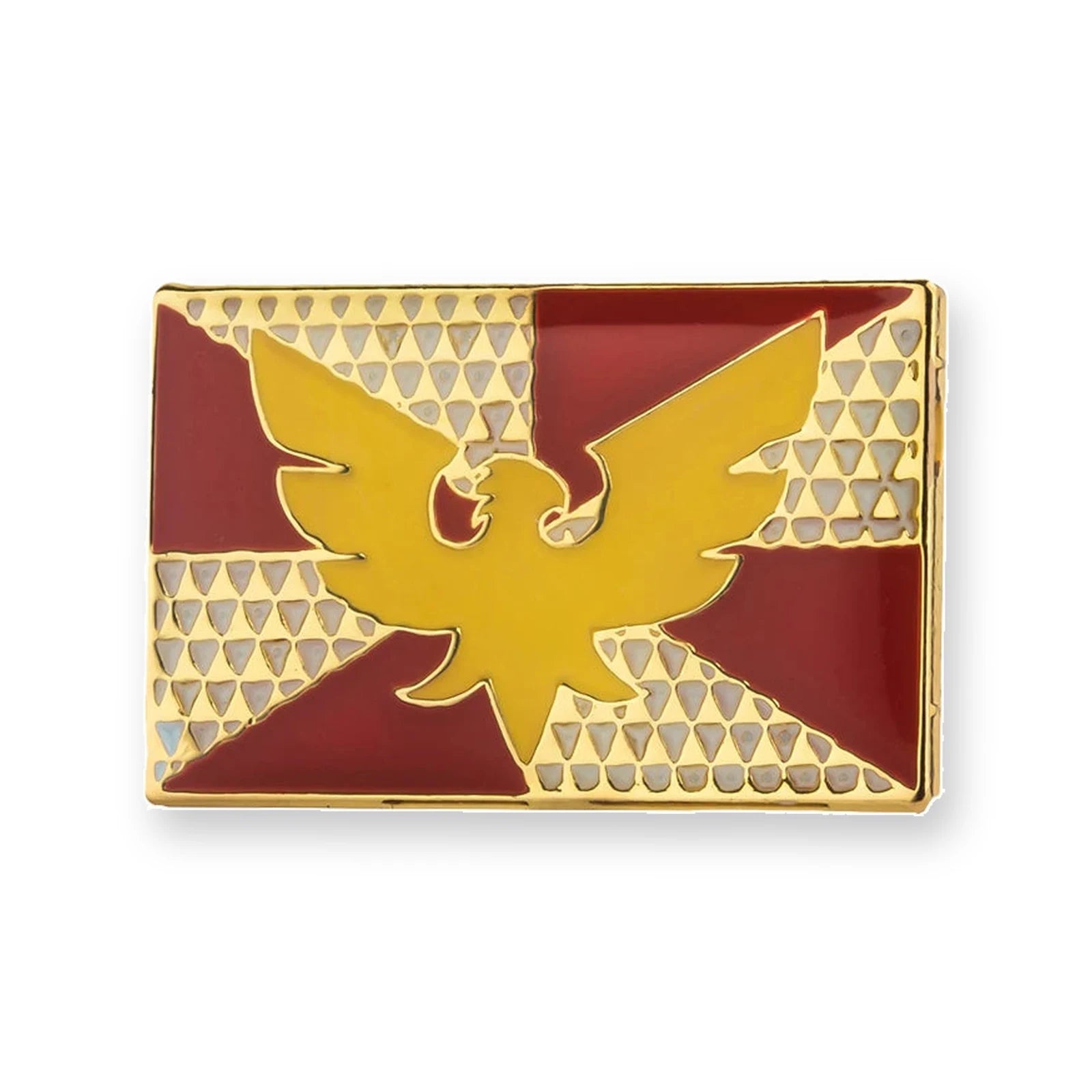 Pins drapeau Feather Drag Pride : phénix doré sur fond rouge et blanc
