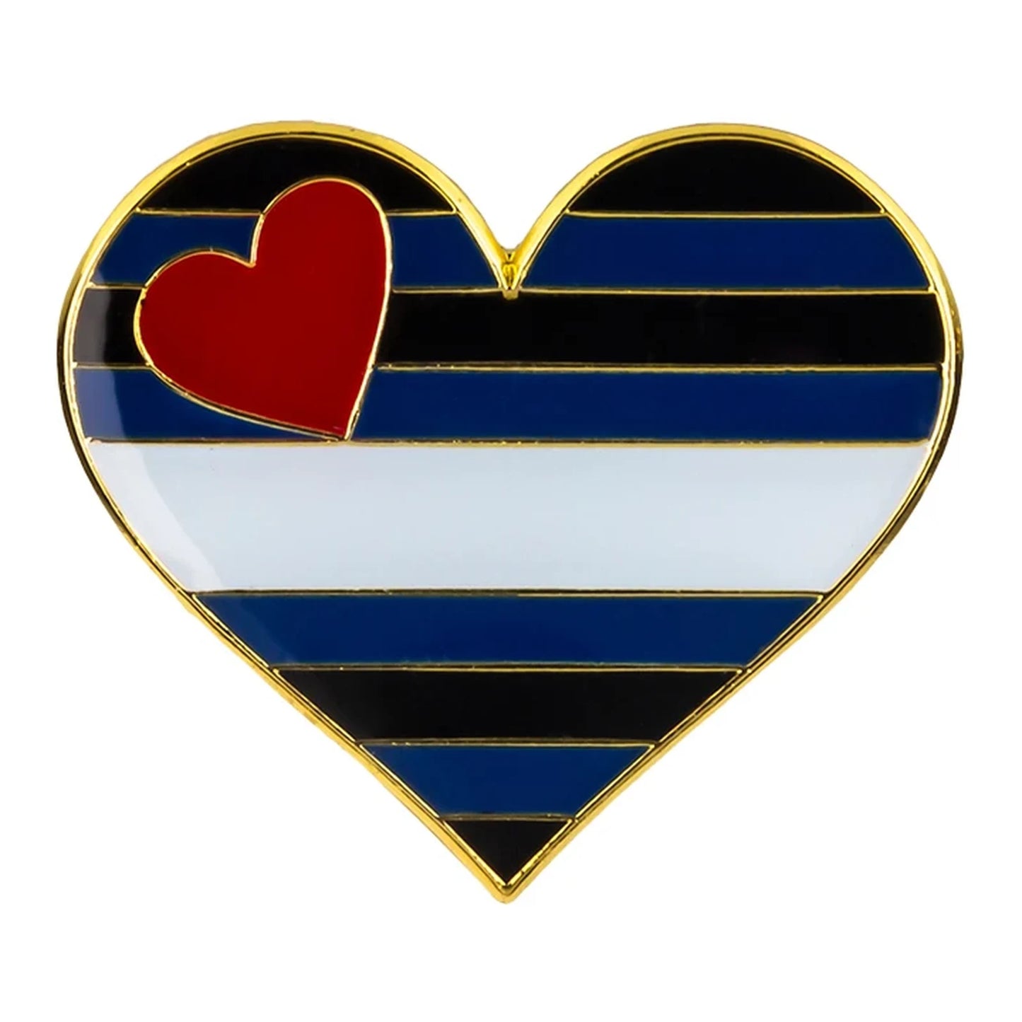 Pins cœur émaillé aux couleurs du drapeau cuir : bandes noires, bleues, blanche et cœur rouge