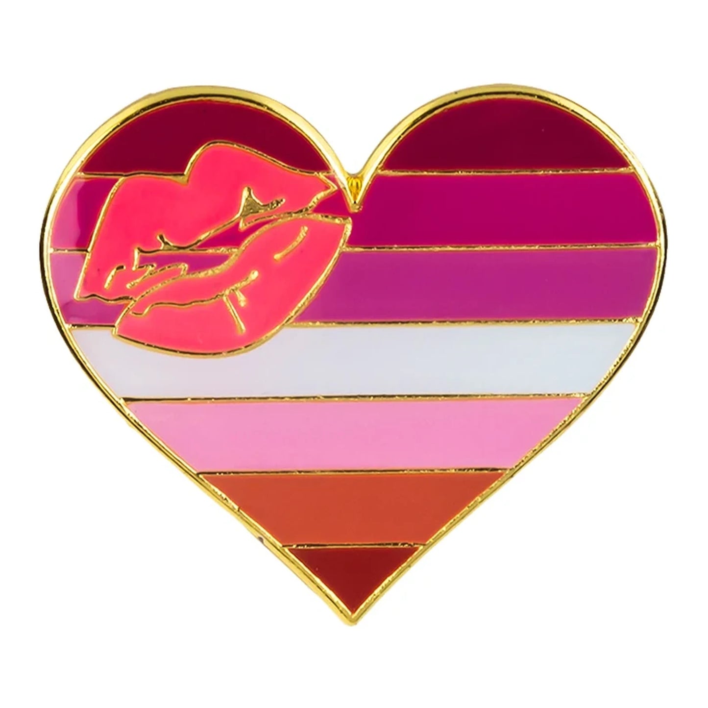 Pins cœur émaillé du drapeau lesbien lipstick : sept bandes rose et rouge avec une empreinte de baiser