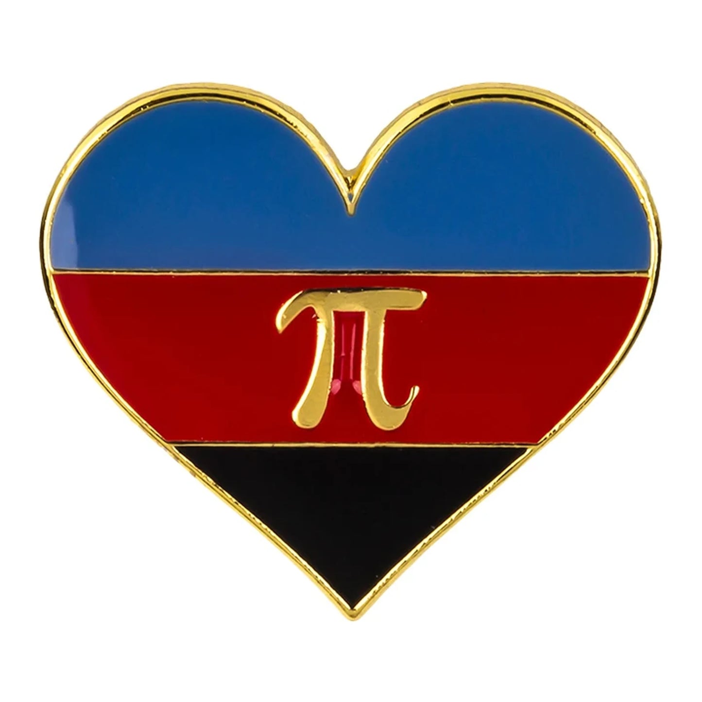 Pins cœur émaillé du drapeau polyamour : bleu, rouge, noir et symbole pi doré