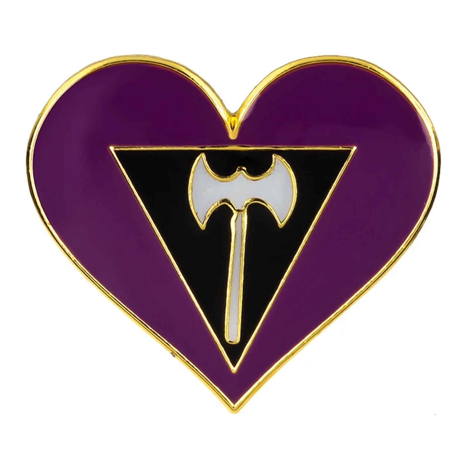 Pins cœur émaillé du drapeau labrys lesbien : hache double sur triangle noir, fond violet
