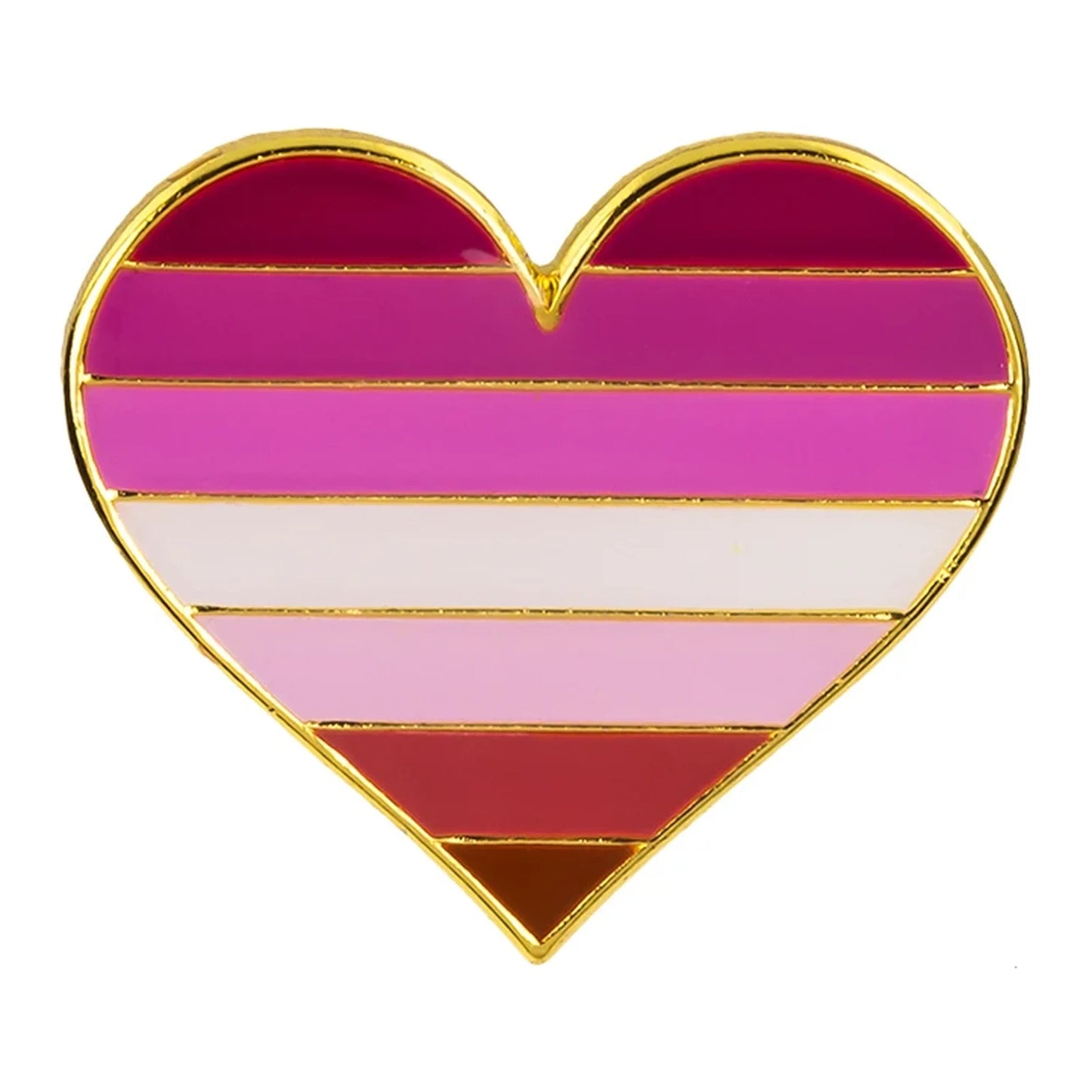 Pins cœur émaillé du drapeau lesbien rose : sept bandes en dégradé du rouge sombre au rose pâle