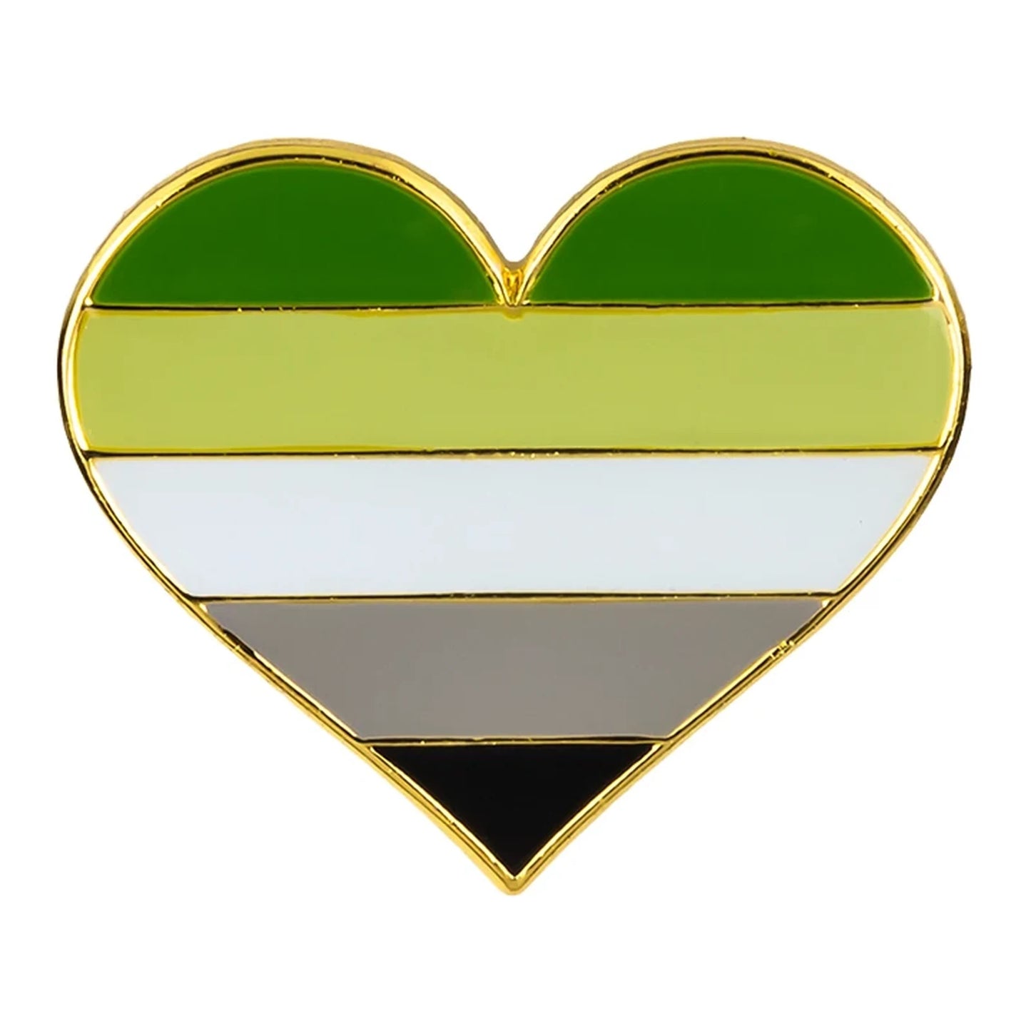 Pins cœur émaillé du drapeau aromantique : vert, vert clair, blanc, gris et noir