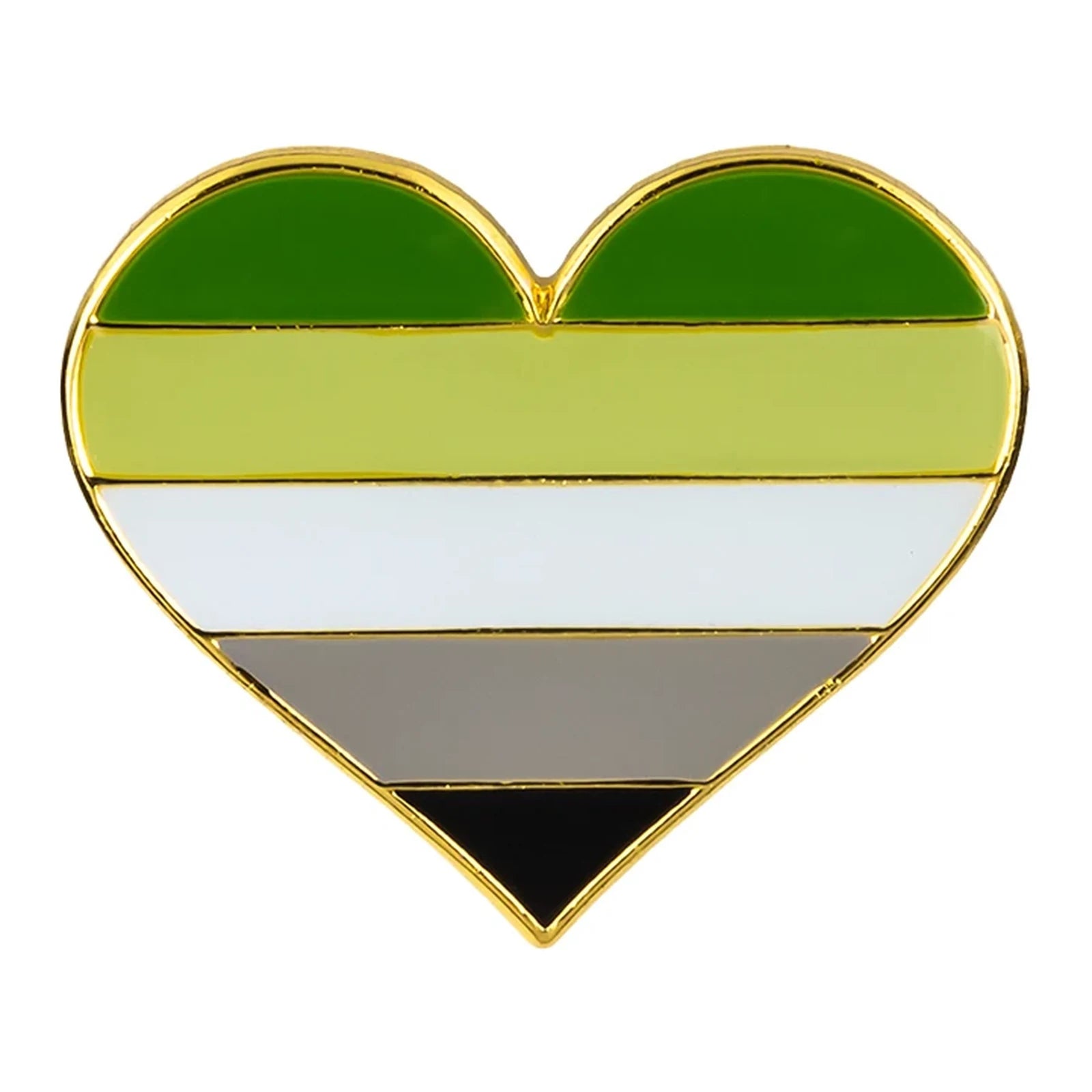 Pins cœur émaillé du drapeau aromantique : vert, vert clair, blanc, gris et noir