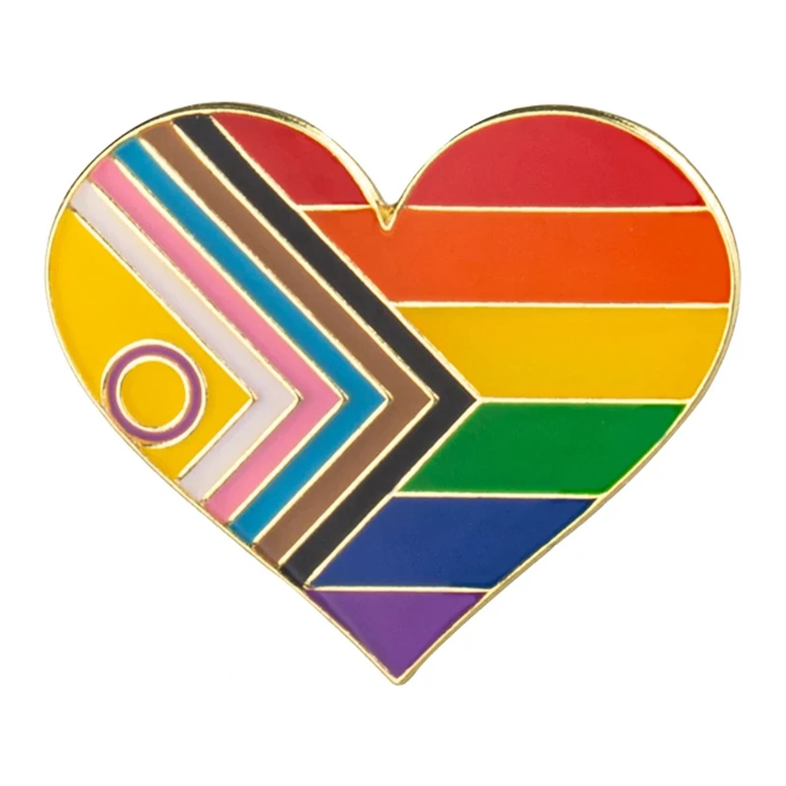 Pins cœur émaillé du Progress Pride inclusif intersexe : arc-en-ciel, chevron trans, brun, noir et cercle violet sur jaune