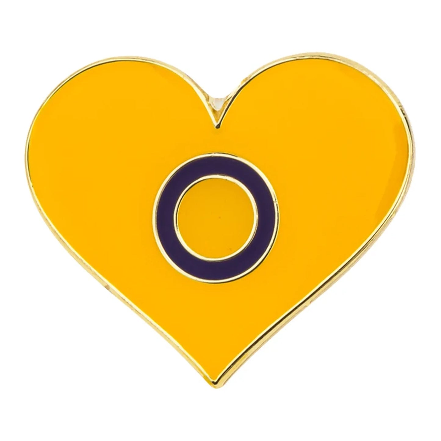 Pins cœur émaillé du drapeau intersexe : cercle violet sur fond jaune