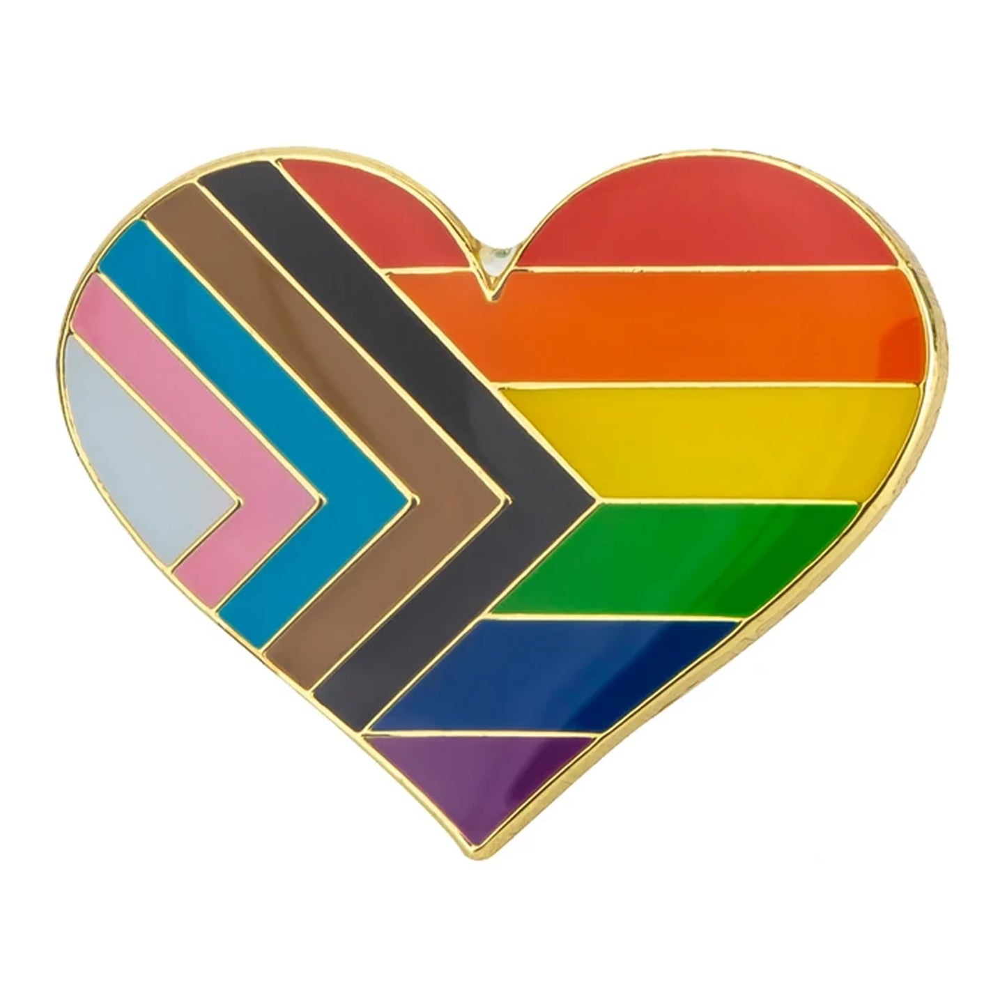 Pins cœur émaillé du drapeau Progress Pride : arc-en-ciel et chevron aux bandes trans, brune et noire