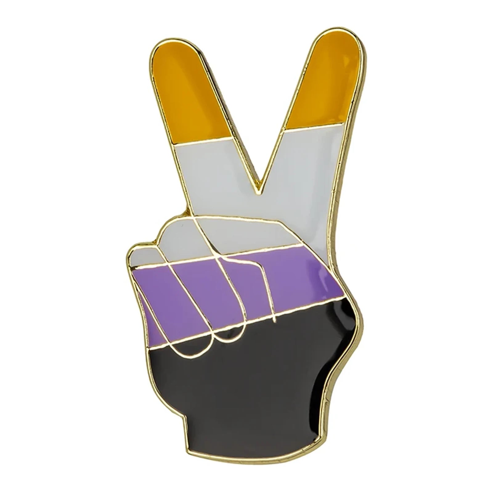 Pins en forme de main levée en V, traversée des quatre couleurs du drapeau non-binaire