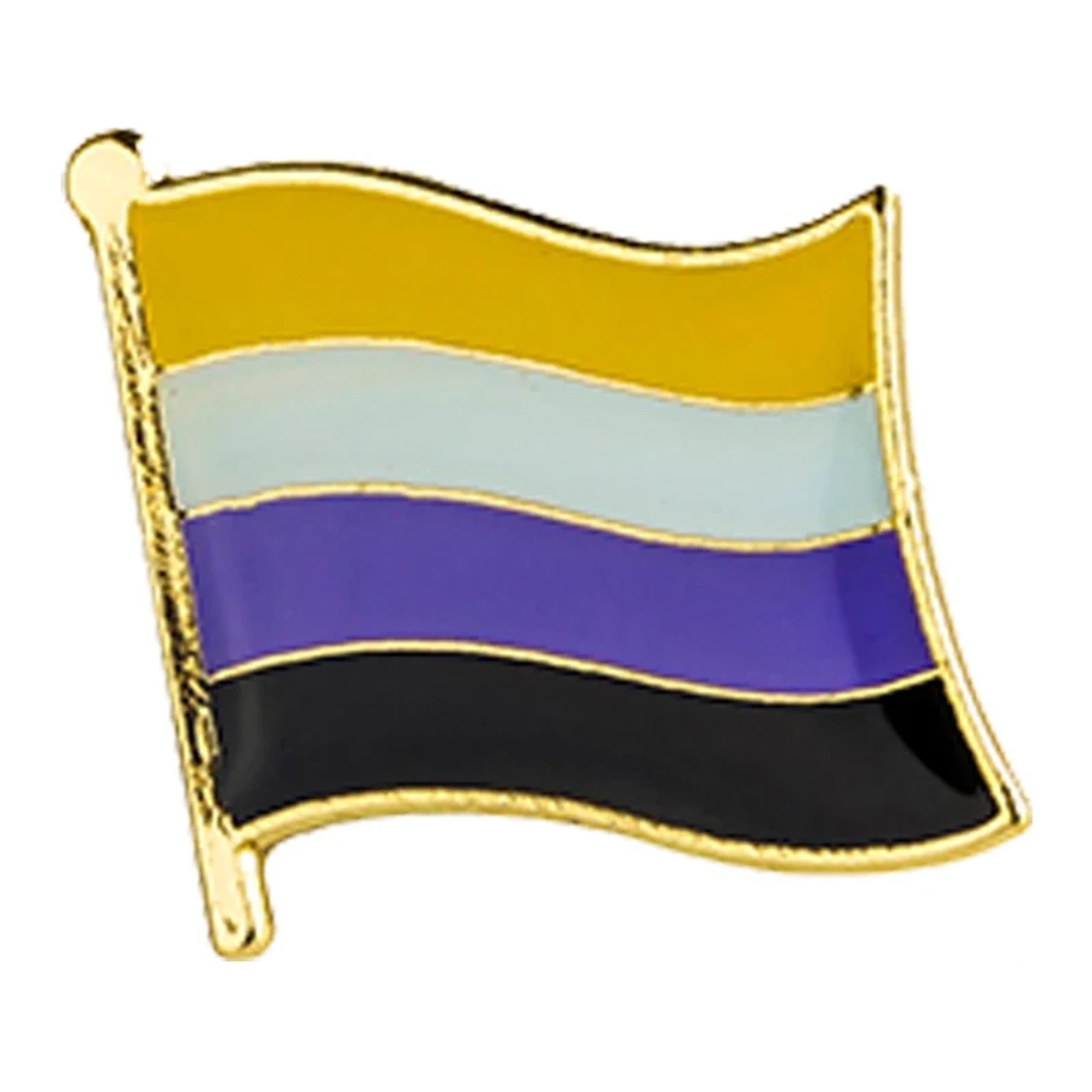 Pins drapeau non-binaire flottant sur hampe dorée, ondulations en relief