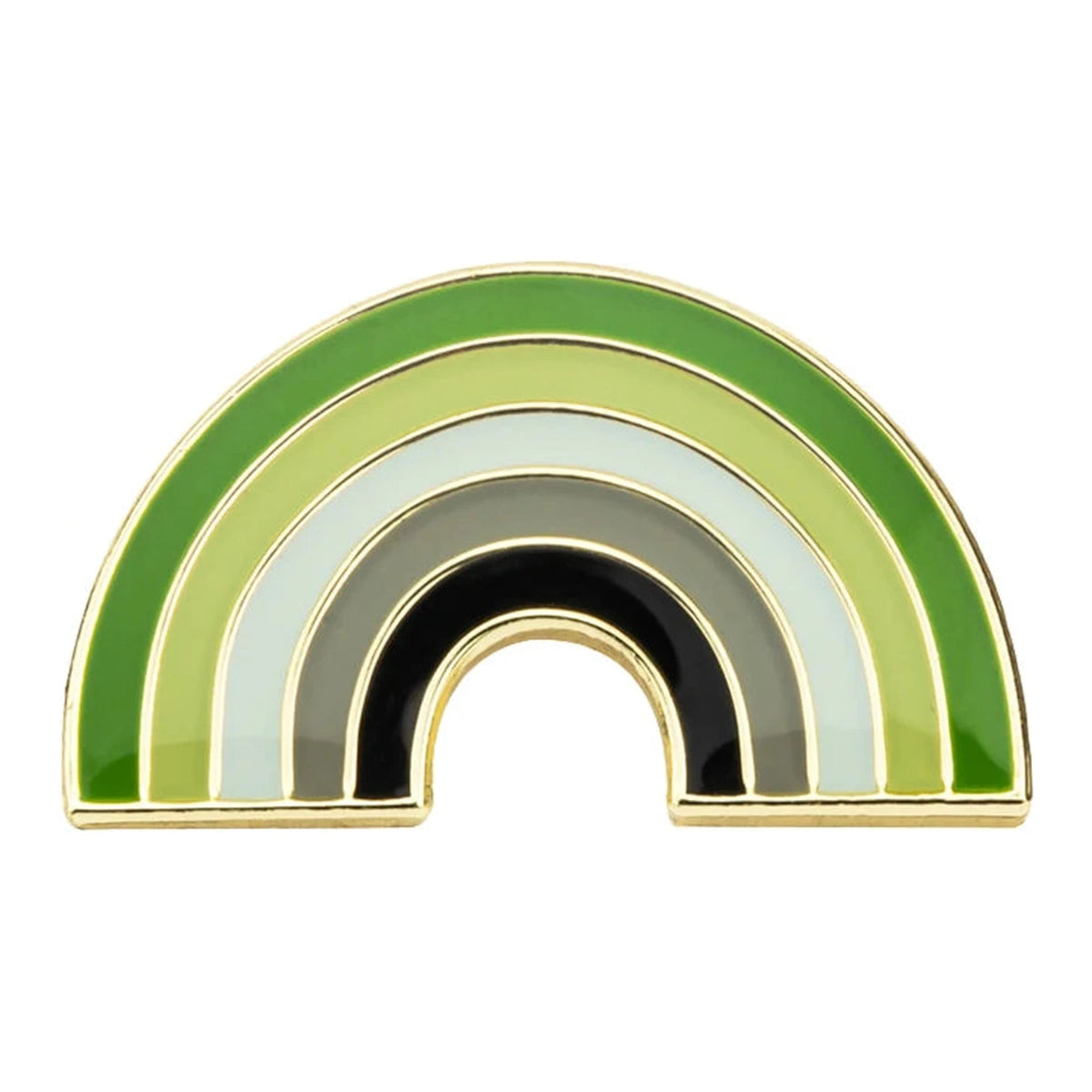 Pins émaillé en arc aux couleurs du drapeau aromantique : vert, vert clair, blanc, gris, noir
