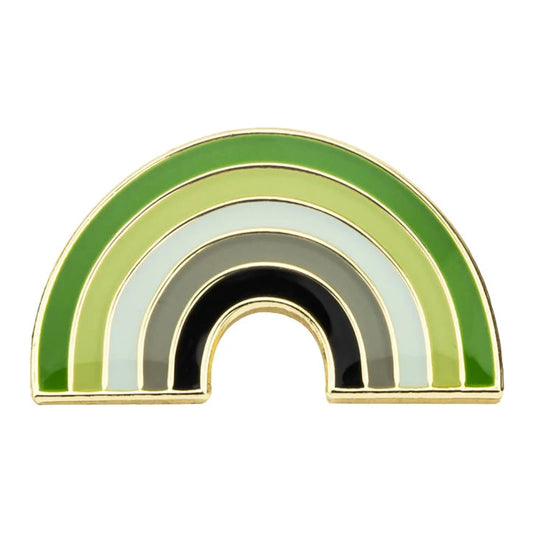 Pins émaillé en arc aux couleurs du drapeau aromantique : vert, vert clair, blanc, gris, noir