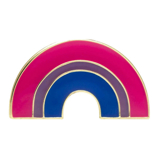 Pins émaillé en forme d'arc aux couleurs du drapeau bisexuel : magenta, lavande, bleu, cerné d'un liseré doré
