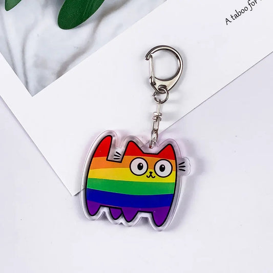 Porte-clés chat aux six couleurs de l'arc-en-ciel, acrylique brillant et mousqueton argenté