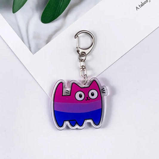 Porte-clés chat magenta, violet et bleu du drapeau bisexuel, acrylique brillant et mousqueton argenté