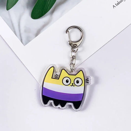 Porte-clés chat jaune, blanc, violet et noir du drapeau non-binaire, acrylique brillant et mousqueton argenté