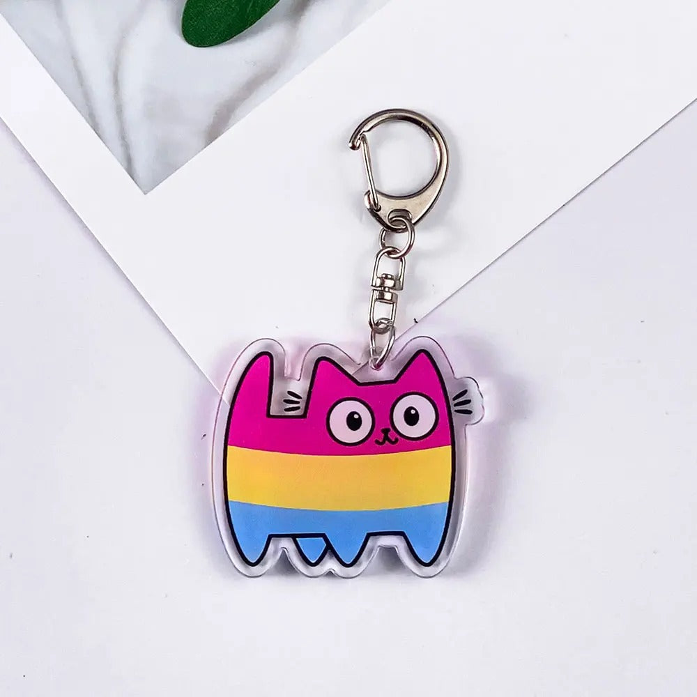 Porte-clés chat rose, jaune et bleu du drapeau pansexuel, acrylique brillant et mousqueton argenté