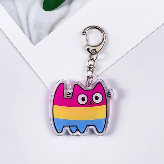 Porte-clés chat rose, jaune et bleu du drapeau pansexuel, acrylique brillant et mousqueton argenté