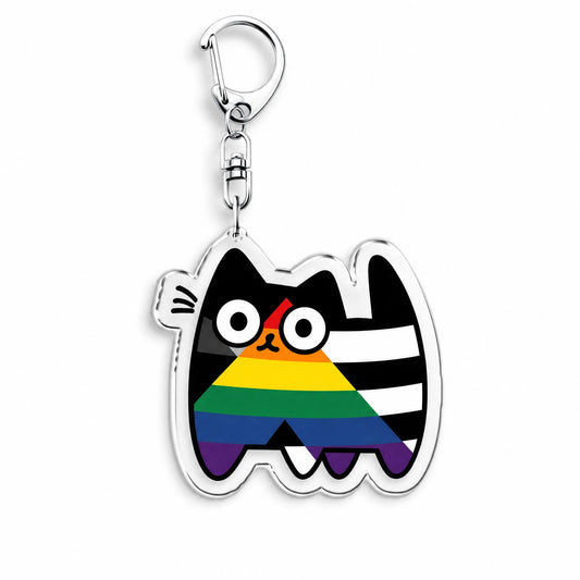 Porte-clés en acrylique : un chat rayé noir et blanc barré du A arc-en-ciel du drapeau des allié·es, mousqueton métal