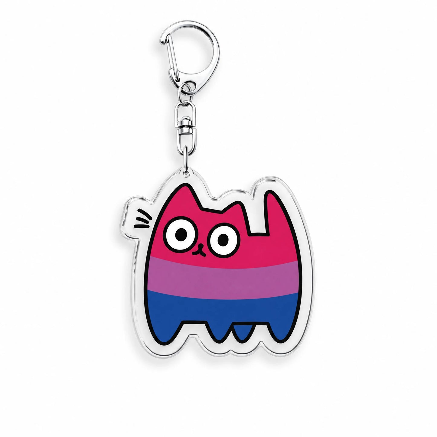 Porte-clés en acrylique : un chat aux trois couleurs du drapeau bisexuel, magenta, lavande et bleu, mousqueton métal