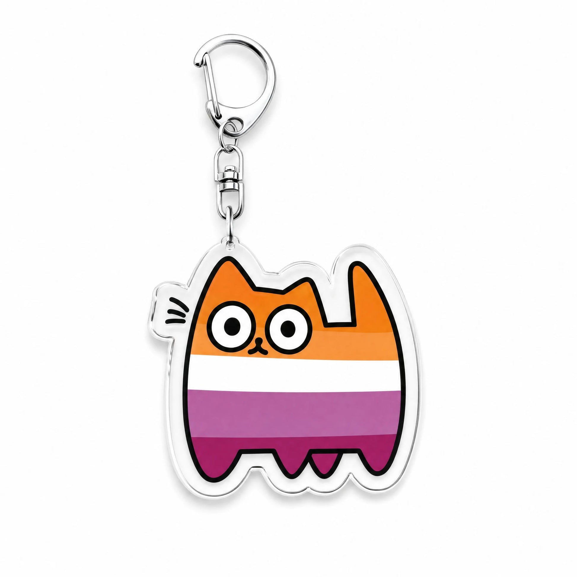 Porte-clés en acrylique : un chat aux cinq bandes du drapeau lesbien, de l'orange au rose profond, mousqueton métal