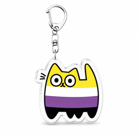 Porte-clés en acrylique : un chat aux couleurs du drapeau non-binaire, jaune, blanc, violet et noir, mousqueton métal