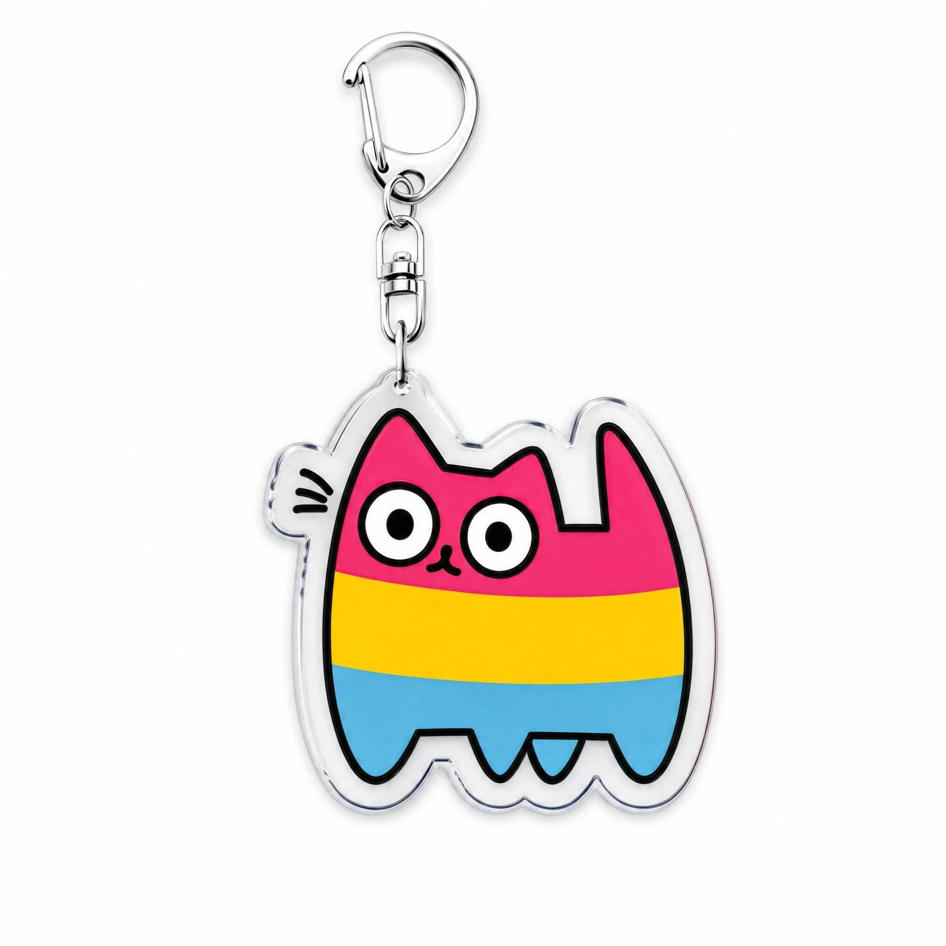 Porte-clés en acrylique : un chat aux trois couleurs du drapeau pansexuel, rose, jaune et bleu, mousqueton métal