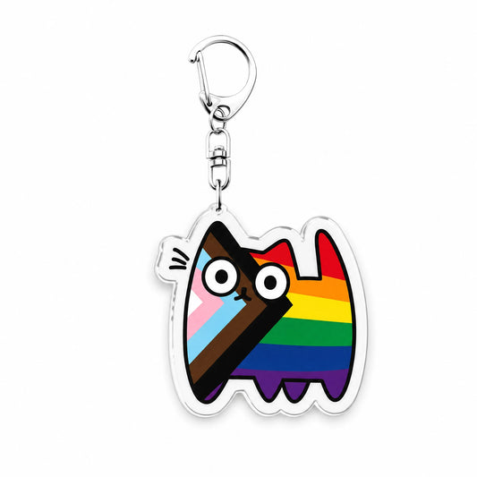Porte-clés en acrylique : un chat aux couleurs du drapeau Progress Pride, arc-en-ciel avec le chevron trans, brun et noir, mousqueton métal