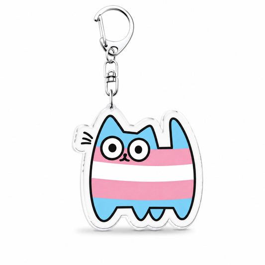 Porte-clés en acrylique : un chat aux couleurs du drapeau transgenre, bleu ciel, rose et blanc, mousqueton métal