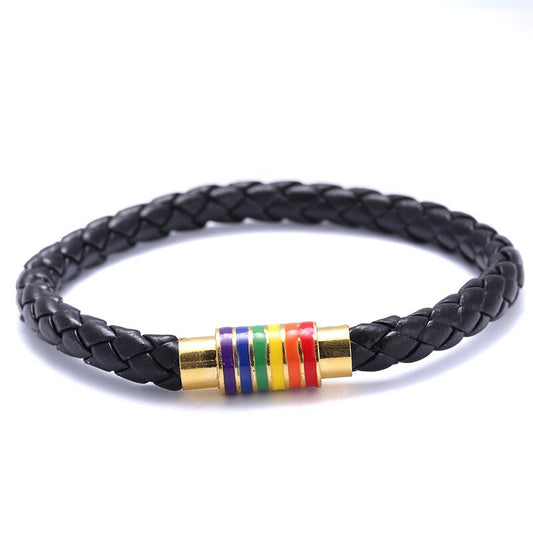 Bracelet LGBT Cuir Tressé Noir Doré