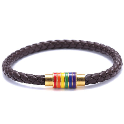 Bracelet LGBT Cuir Tressé Marron Doré