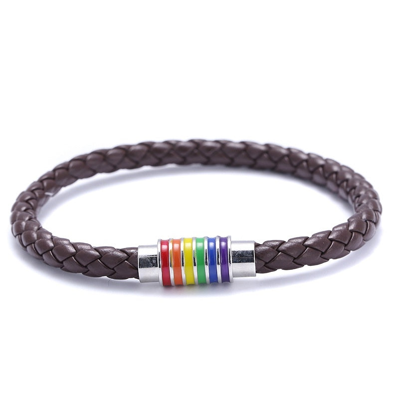 Bracelet LGBT Cuir Tressé Marron Argenté