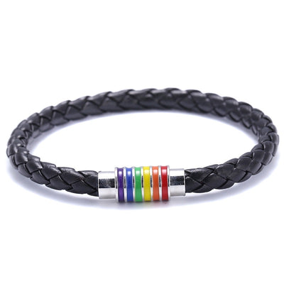 Bracelet LGBT Cuir Tressé Noir Argenté
