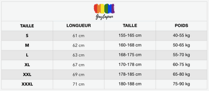 Tableau des tailles GAYTAPAN du S au XXXL, avec la longueur du vêtement, la taille et le poids correspondants