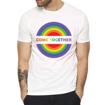 T-shirt blanc homme, cercle arc-en-ciel avec « COME TOGETHER » inscrit au centre